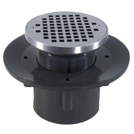 Jones Stephens 4in Heavy Duty PVC Slab Drain Base, 3-1/2in Plastic Spud, 5in Chrome Plated Strainer, Ring D49535